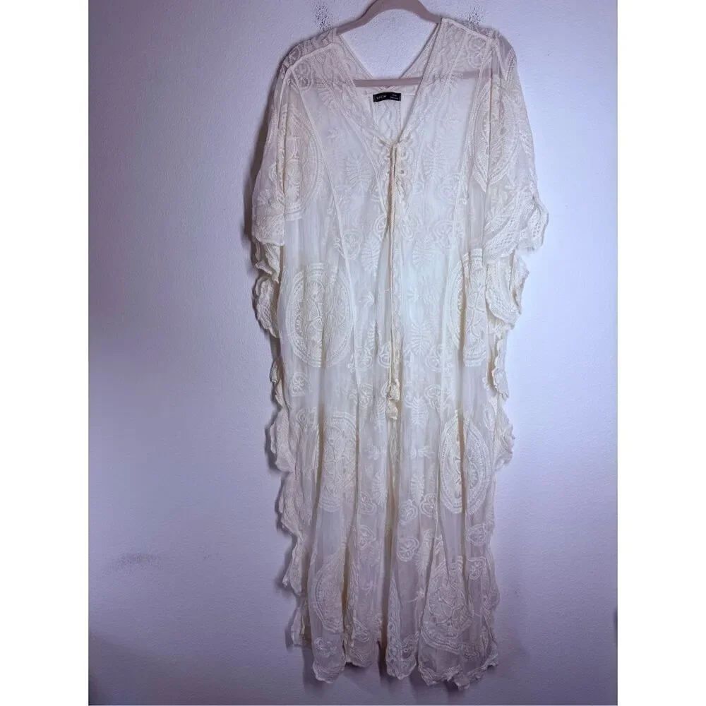 Shein Women’s Romantic Bohemian Beach Kaftan Maxi Dress Cream Lace One Size